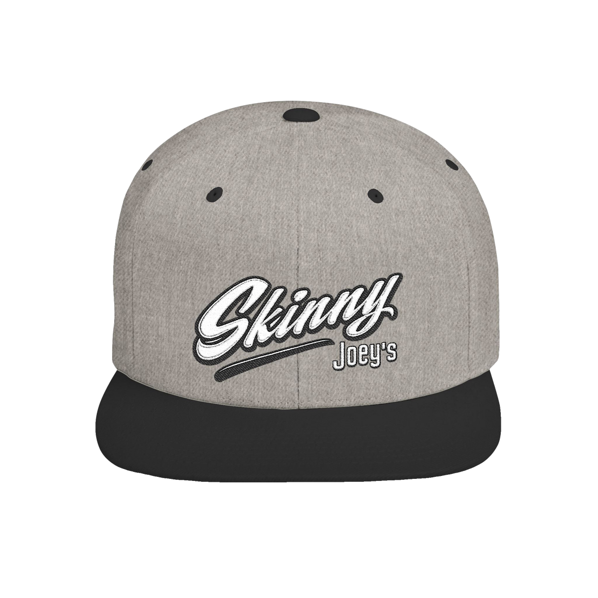 Skinny Joey's retro script flat bill snapback in heather grey and black, Skinny Joey's Cheesesteaks apparel
