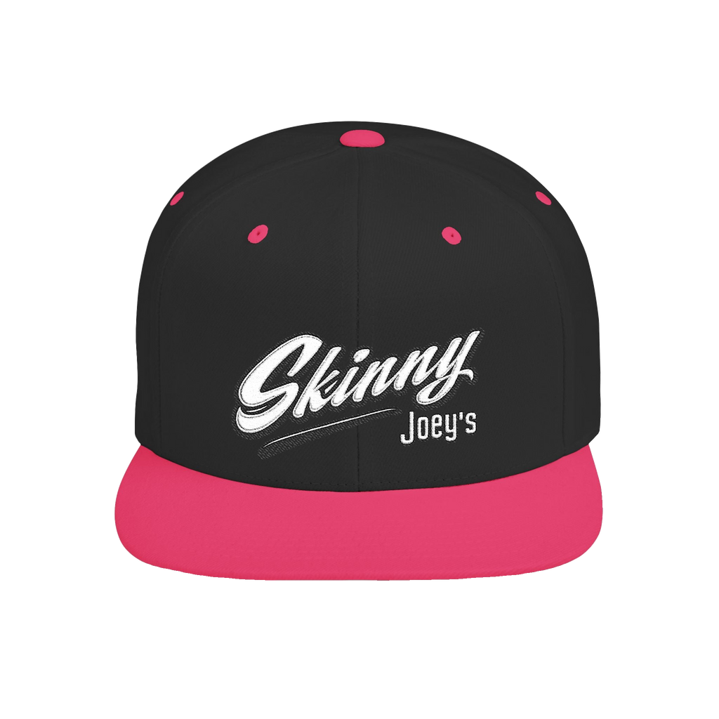 Skinny Joey's retro script flat bill snapback in black and neon pink, Skinny Joey's Cheesesteaks apparel