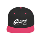 Skinny Joey's retro script flat bill snapback in black and neon pink, Skinny Joey's Cheesesteaks apparel