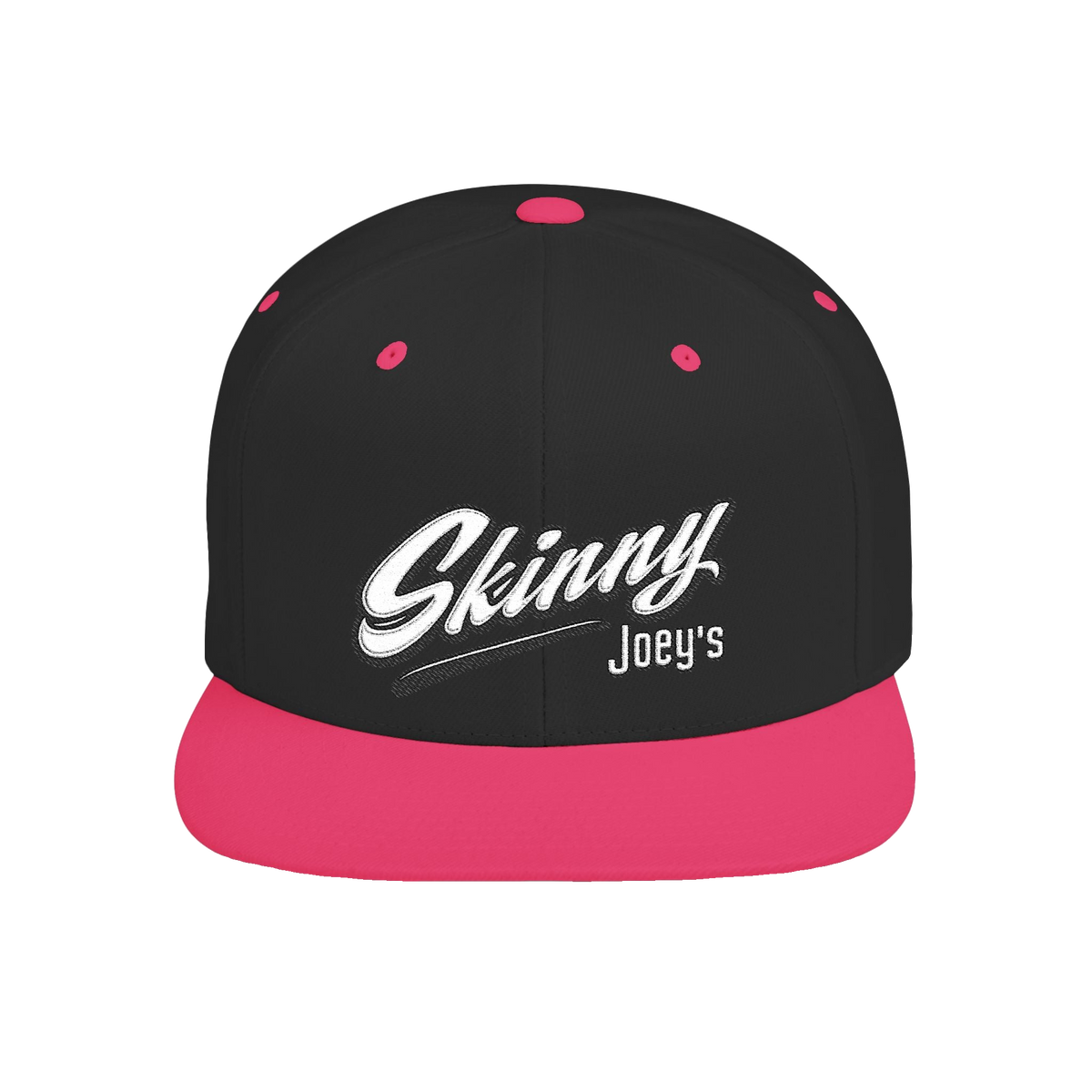 Skinny Joey's retro script flat bill snapback in black and neon pink, Skinny Joey's Cheesesteaks apparel