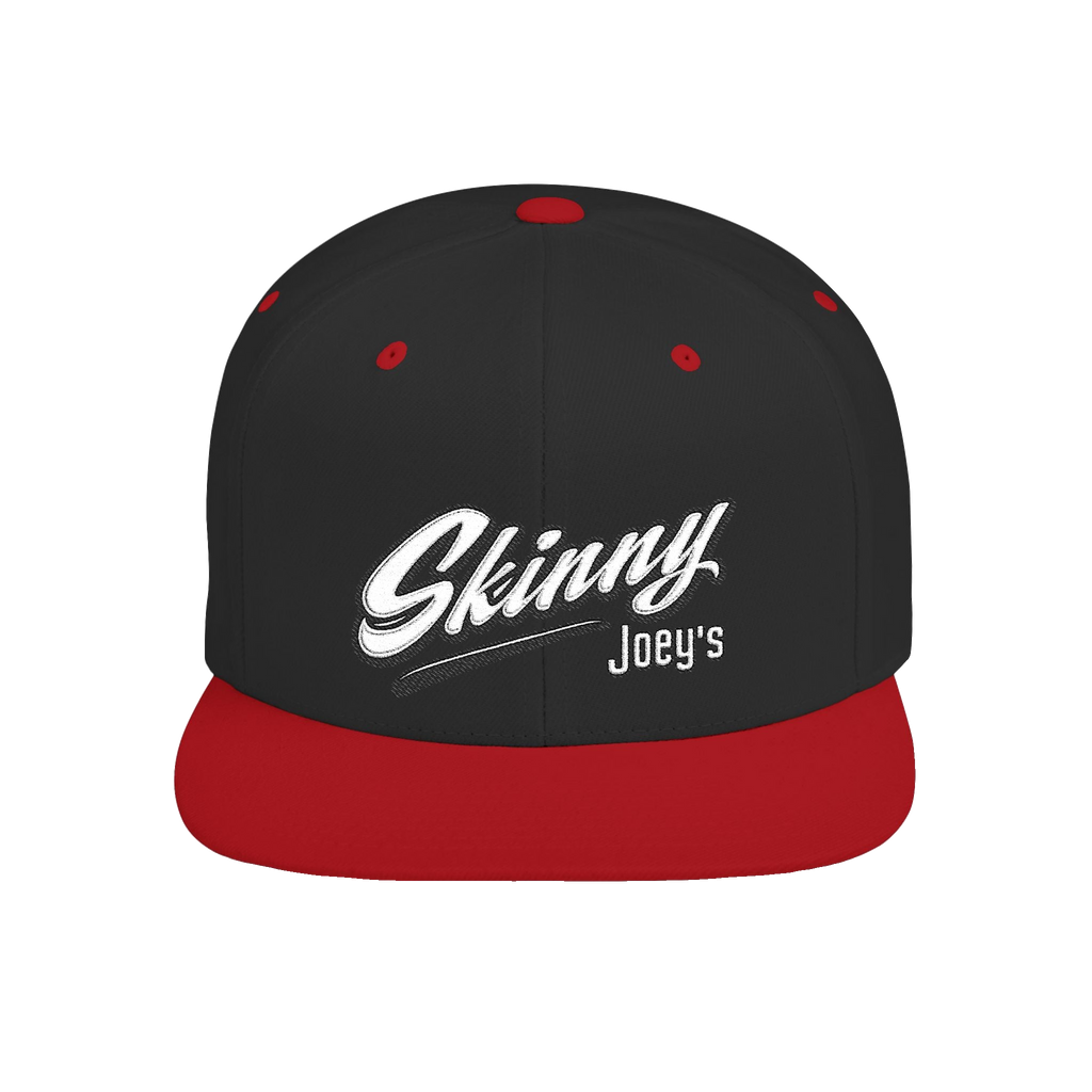 Skinny Joey's retro script flat bill snapback in black and red, South Philly streetwear