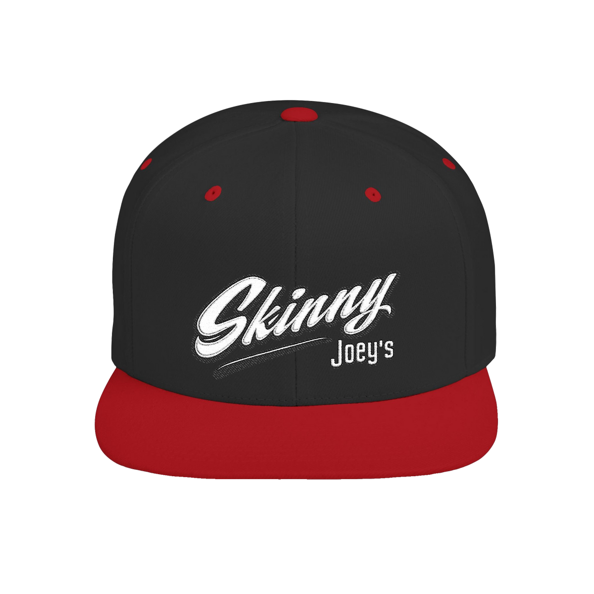 Skinny Joey's retro script flat bill snapback in black and red, South Philly streetwear