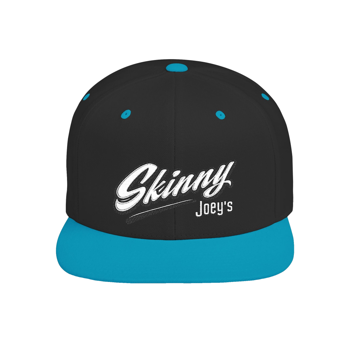Skinny Joey's retro script flat bill snapback in black and teal, Philadelphia streetwear