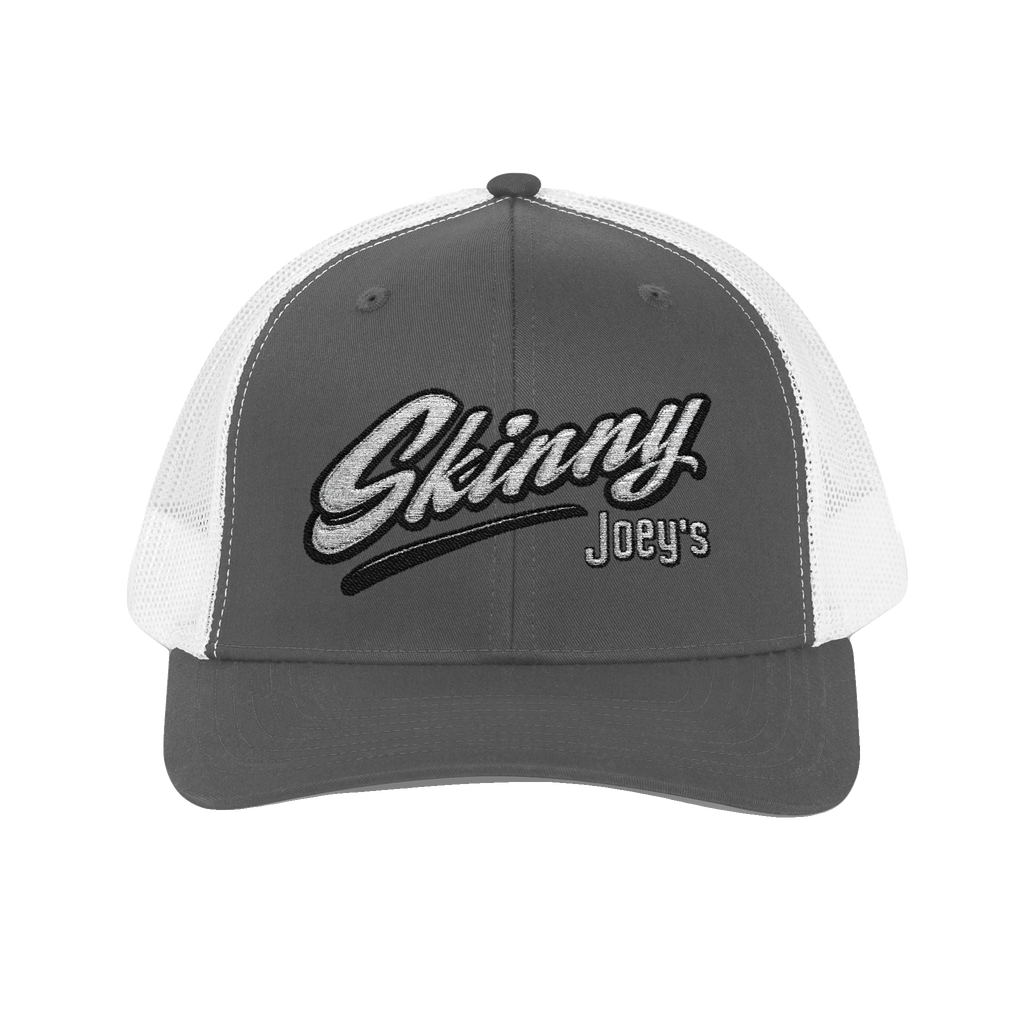 Skinny Joey's embroidered trucker cap in charcoal and white, Italian American pride apparel
