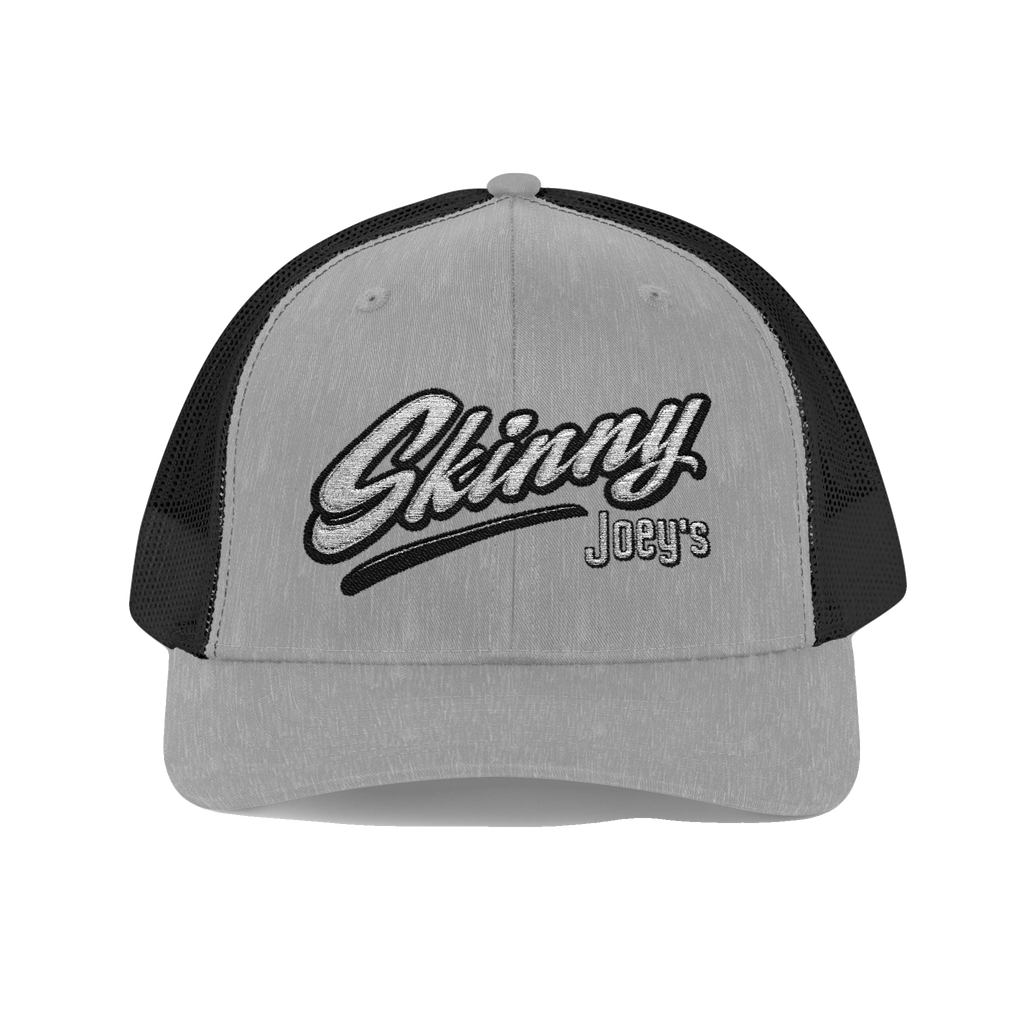 Skinny Joey's embroidered trucker cap in heather grey and black, The Skinny with Joey Merlino podcast merch