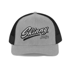 Skinny Joey's embroidered trucker cap in heather grey and black, The Skinny with Joey Merlino podcast merch