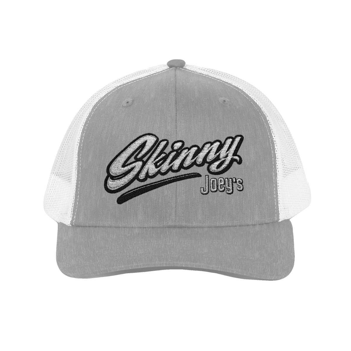 Skinny Joey's embroidered trucker cap in heather grey and white, Italian American pride apparel