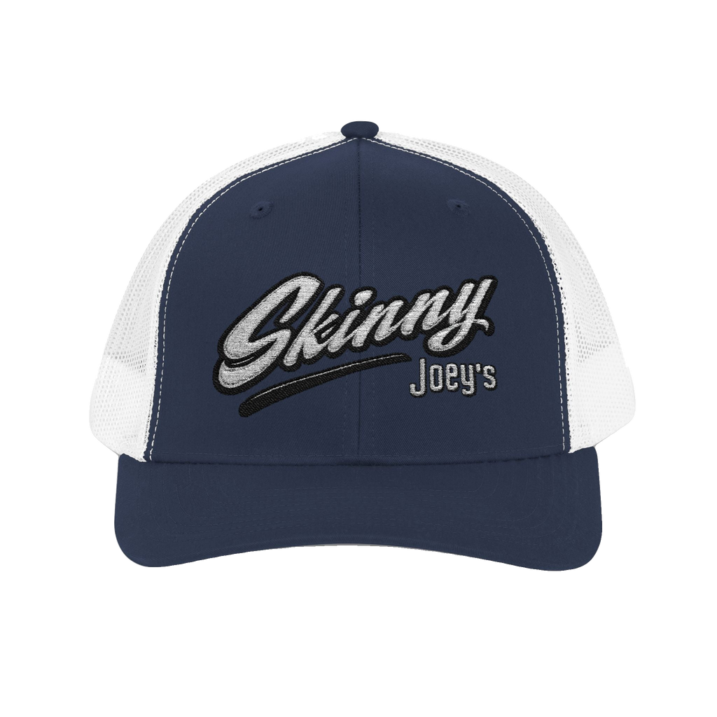 Skinny Joey's embroidered trucker cap in navy and white, The Skinny Podcast with Joey Merlino & Lil Snuff merch