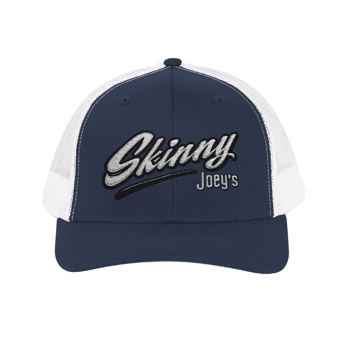 Skinny Joey's embroidered trucker cap in navy and white, The Skinny Podcast with Joey Merlino & Lil Snuff merch