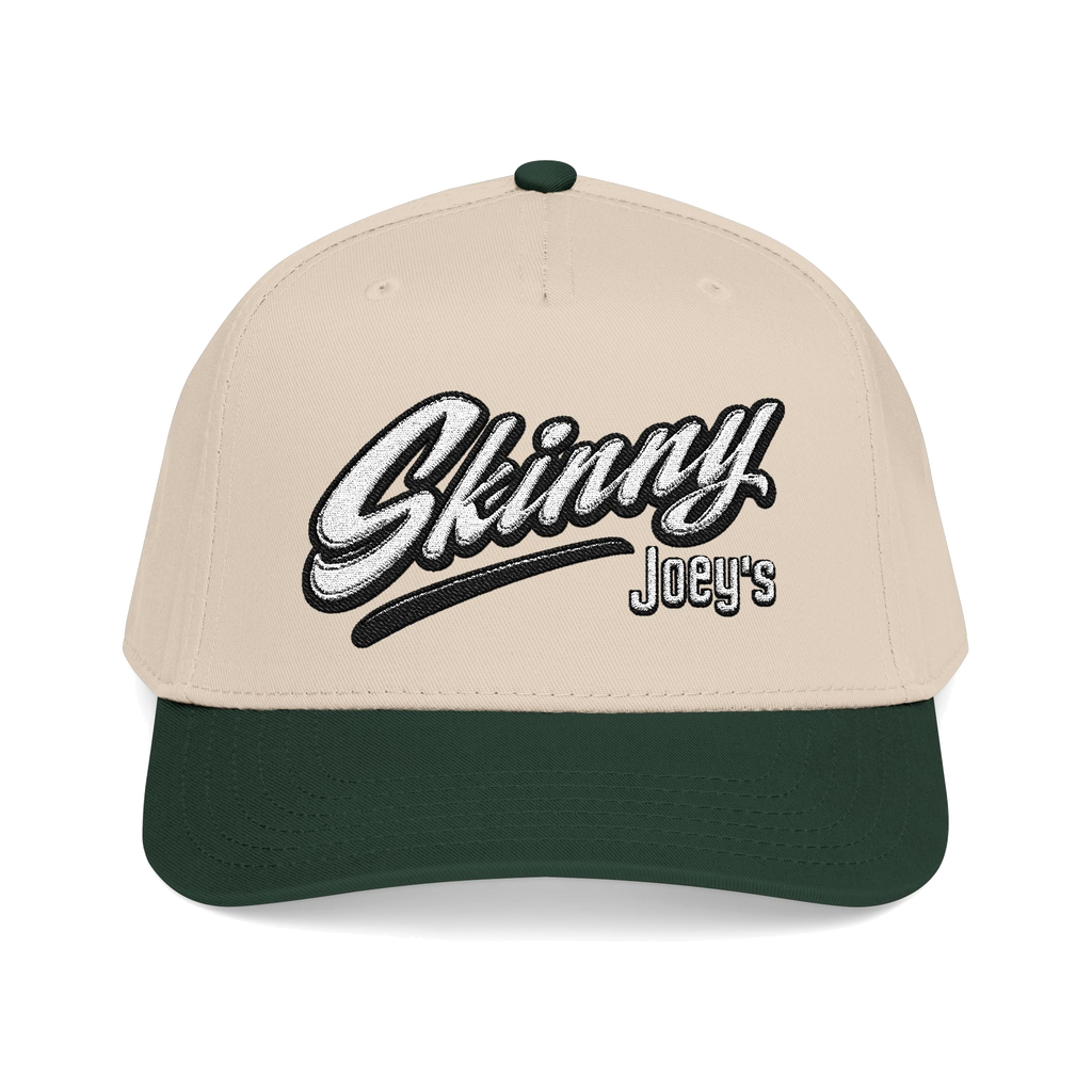 Skinny Jeans retro script two-tone cap in dark green and natural, South Philly streetwear