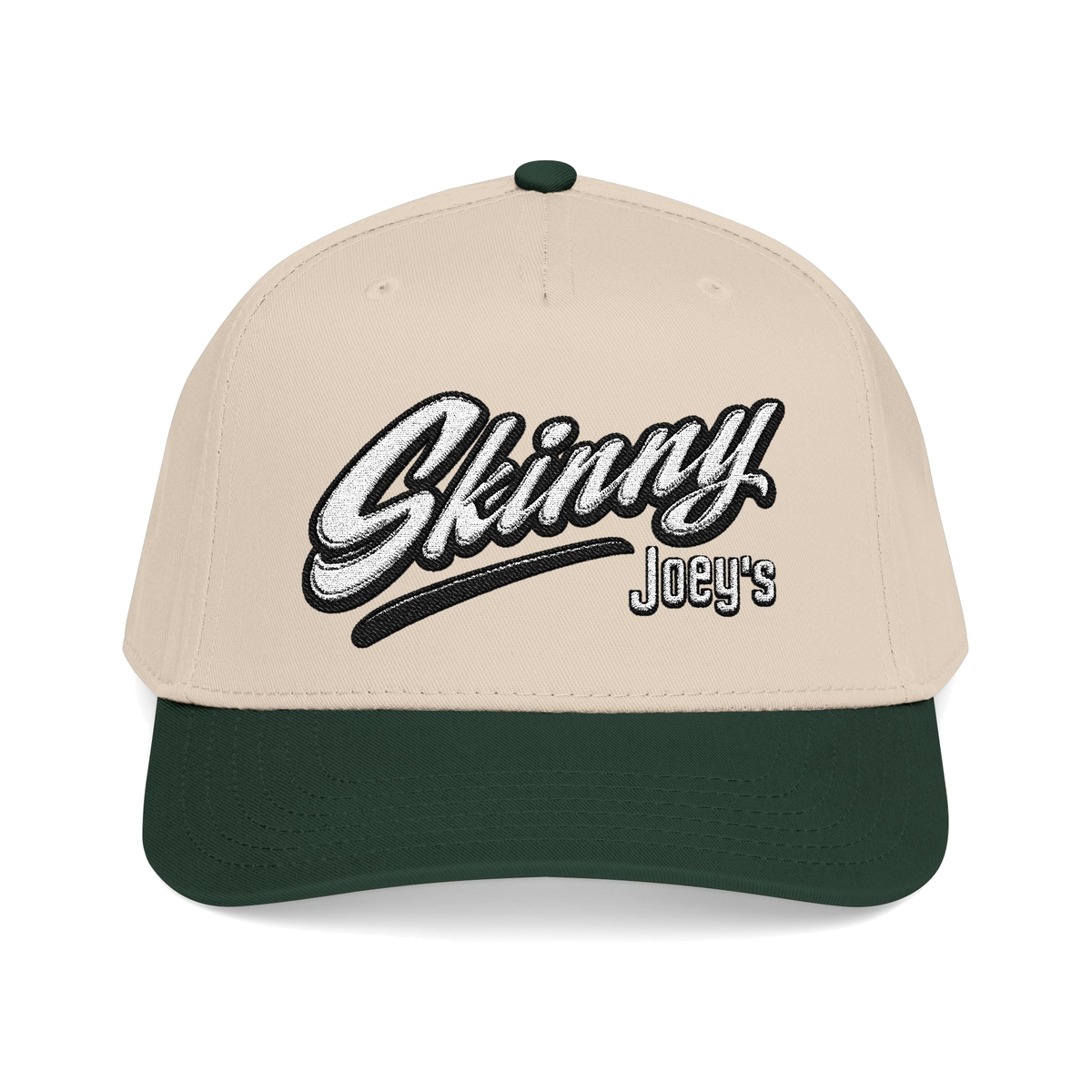 Skinny Jeans retro script two-tone cap in dark green and natural, South Philly streetwear