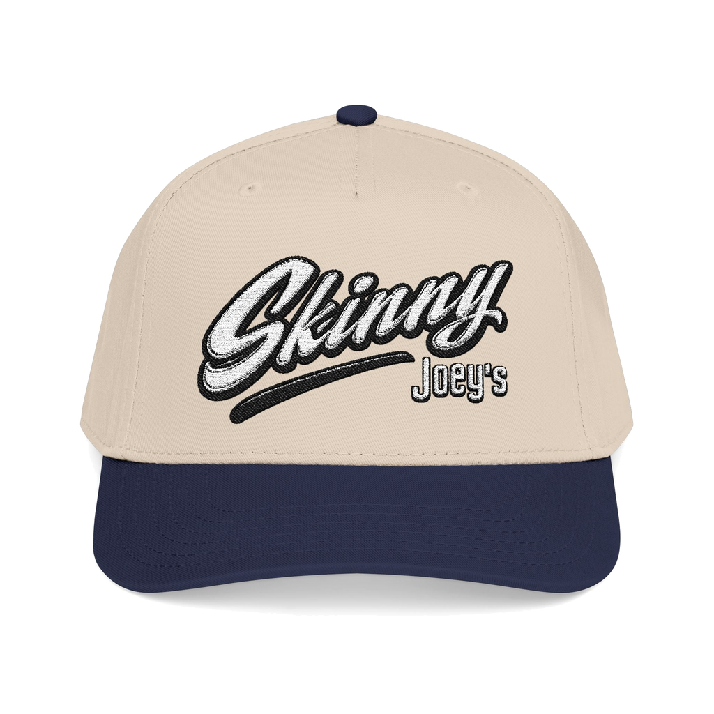 Skinny Jeans retro script two-tone cap in navy and natural, Skinny Joey's Cheesesteaks apparel
