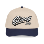 Skinny Jeans retro script two-tone cap in navy and natural, Skinny Joey's Cheesesteaks apparel