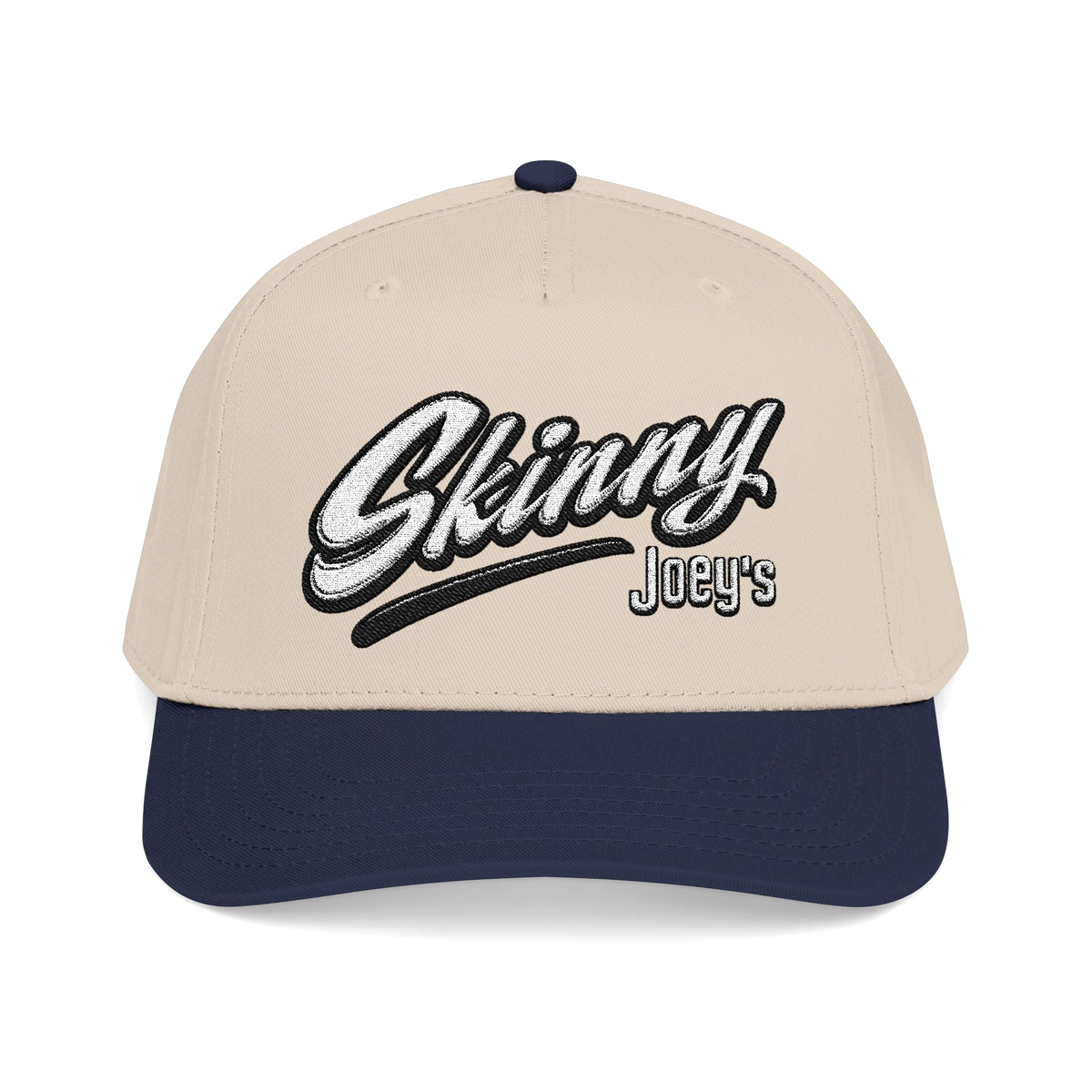 Skinny Jeans retro script two-tone cap in navy and natural, Skinny Joey's Cheesesteaks apparel