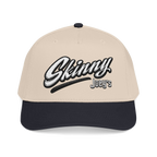 Skinny Jeans retro script two-tone cap in black and natural, South Philly streetwear