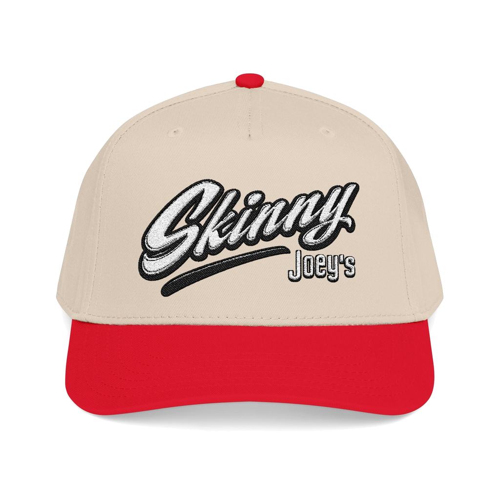 Skinny Jeans retro script two-tone cap, The Skinny with Joey Merlino podcast merch