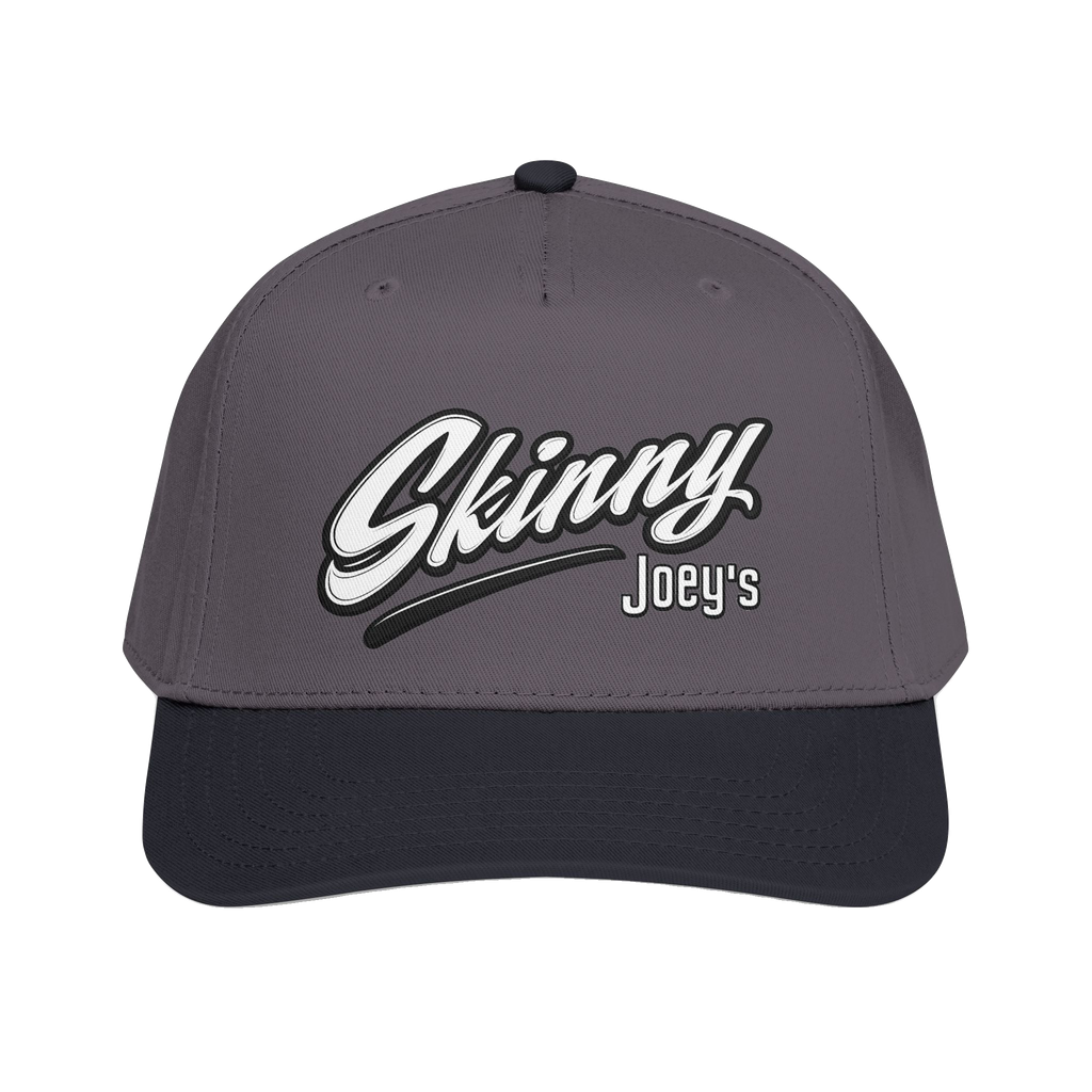 Skinny Joey's retro script mid-profile cap in black and charcoal grey, Philadelphia streetwear