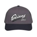Skinny Joey's retro script mid-profile cap in black and charcoal grey, Philadelphia streetwear