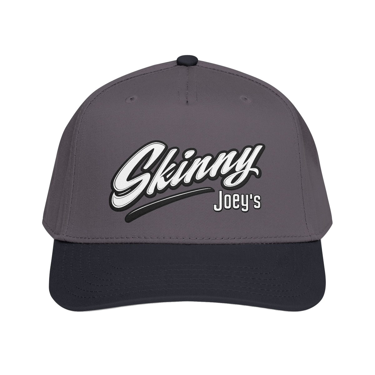 Skinny Joey's retro script mid-profile cap in black and charcoal grey, Philadelphia streetwear