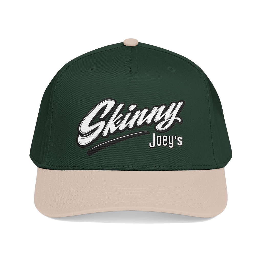 Skinny Joey's retro script mid-profile cap in khaki and dark green, The Skinny with Joey Merlino podcast merch