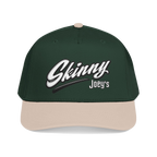 Skinny Joey's retro script mid-profile cap in khaki and dark green, The Skinny with Joey Merlino podcast merch