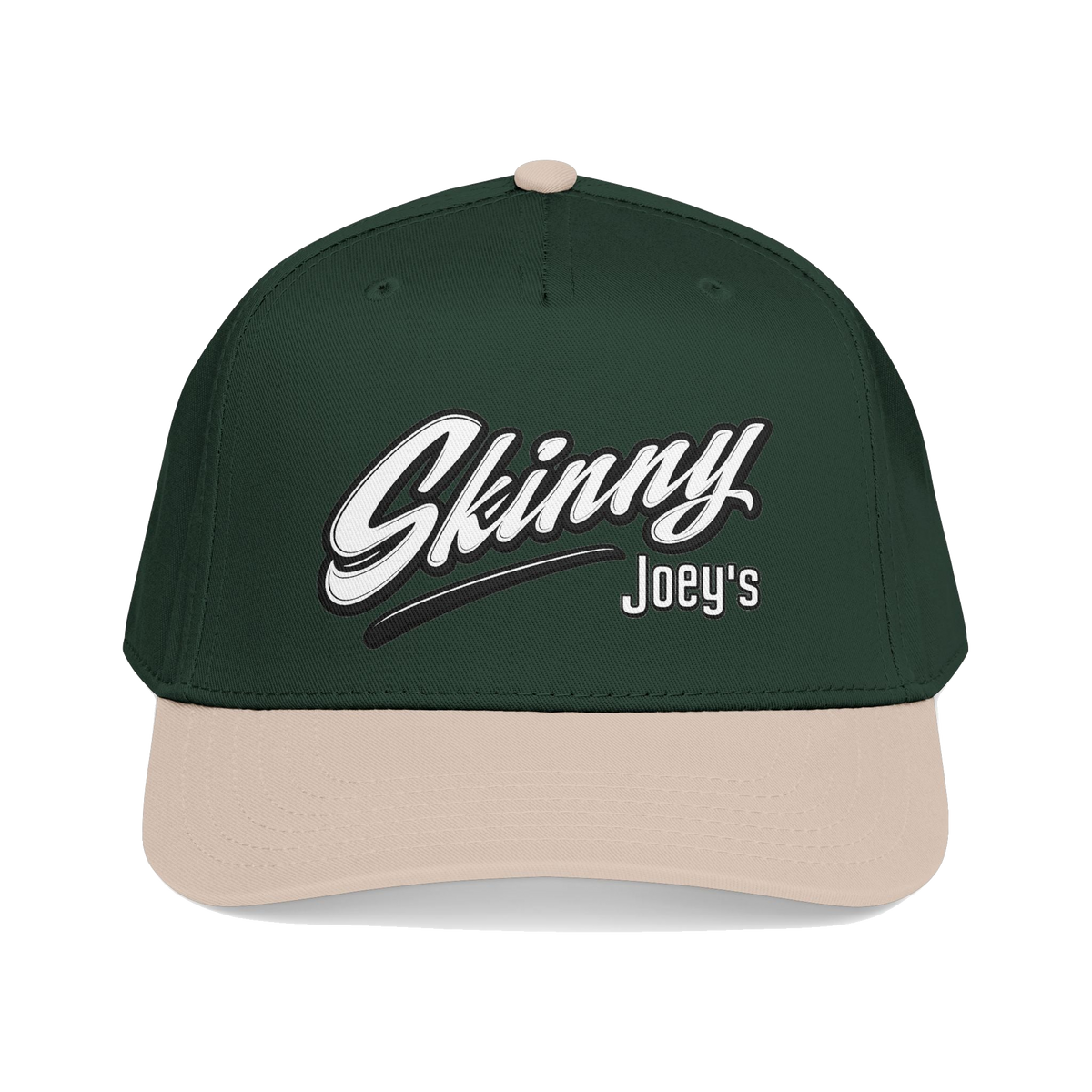Skinny Joey's retro script mid-profile cap in khaki and dark green, The Skinny with Joey Merlino podcast merch