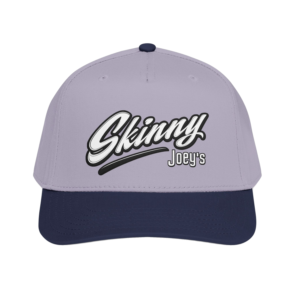 Skinny Joey's retro script mid-profile cap in navy and grey, Philly culture apparel