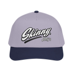Skinny Joey's retro script mid-profile cap in navy and grey, Philly culture apparel