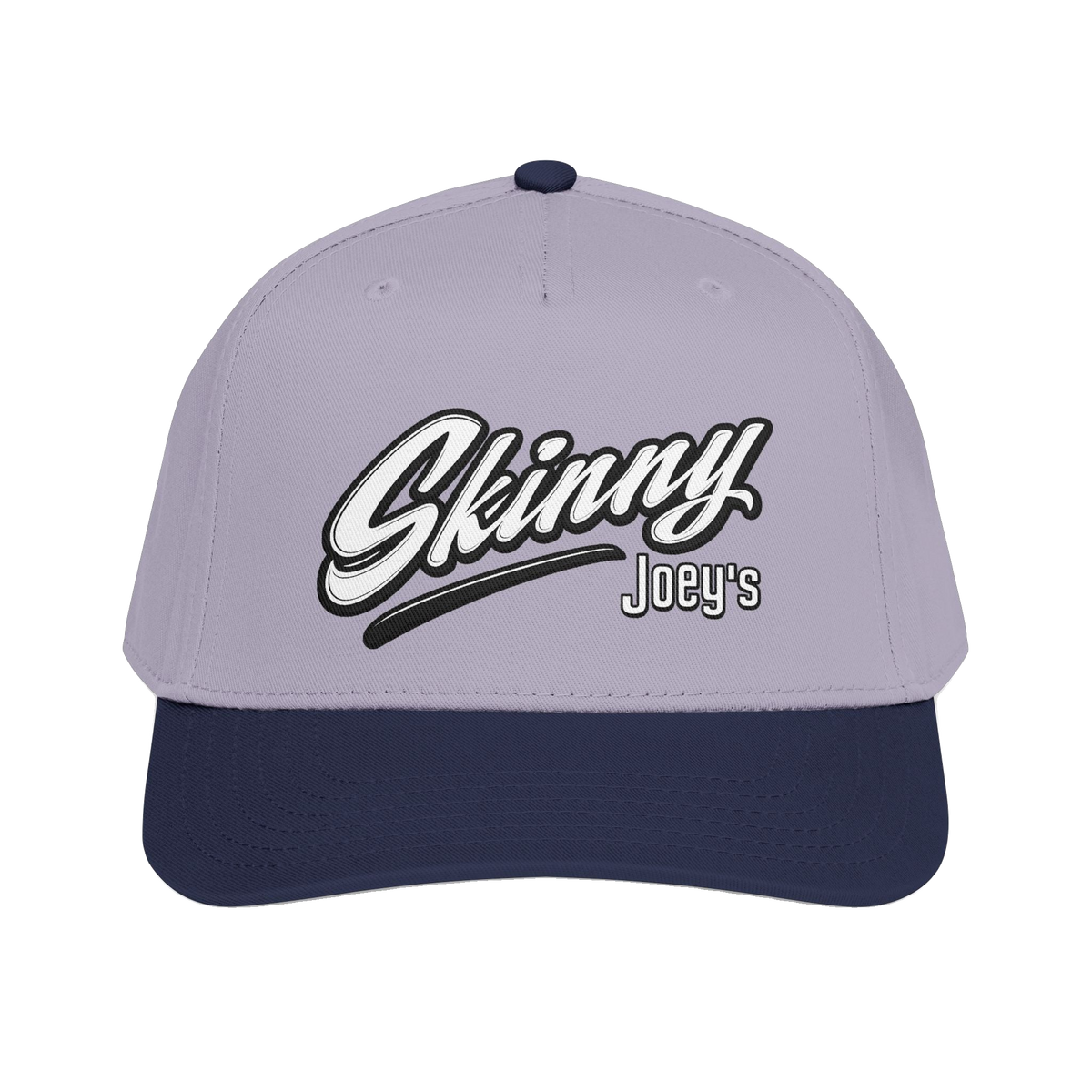 Skinny Joey's retro script mid-profile cap in navy and grey, Philly culture apparel
