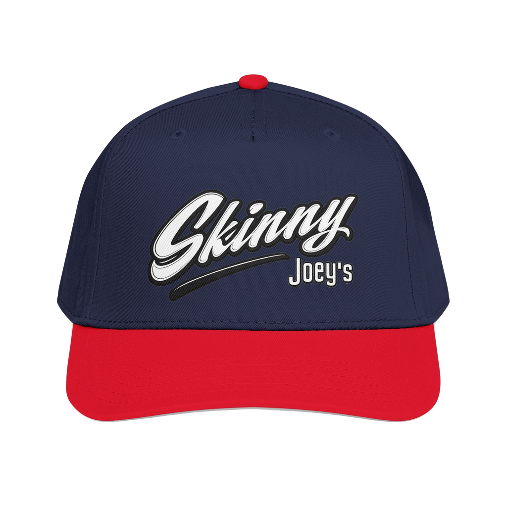 Skinny Joey's retro script mid-profile cap in red and navy, The Skinny Podcast with Joey Merlino & Lil Snuff merch