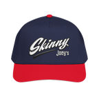 Skinny Joey's retro script mid-profile cap in red and navy, The Skinny Podcast with Joey Merlino & Lil Snuff merch