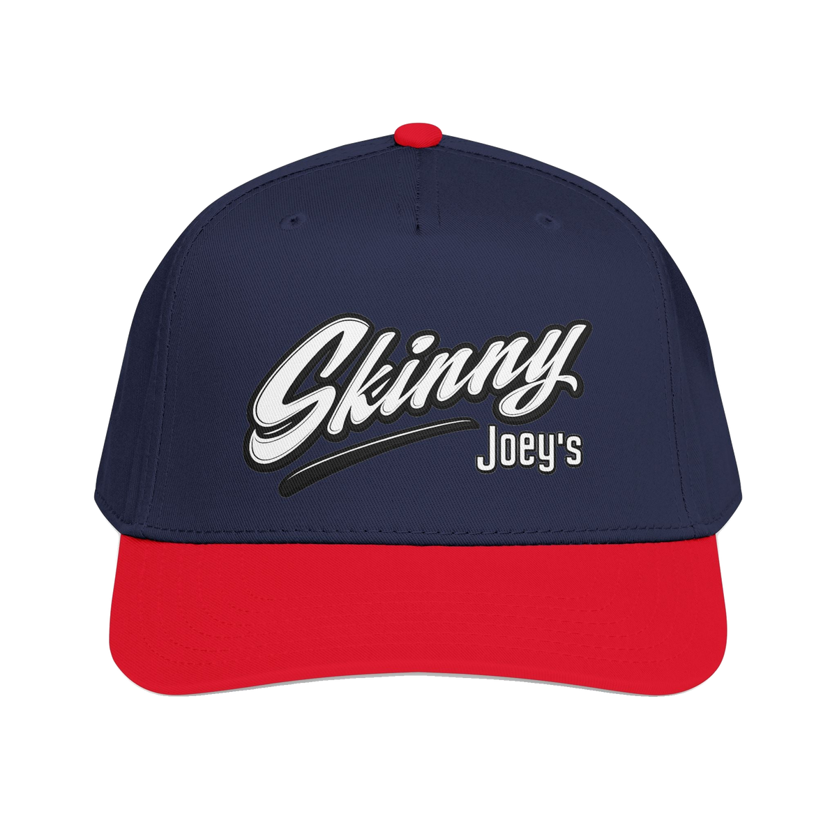 Skinny Joey's retro script mid-profile cap in red and navy, The Skinny Podcast with Joey Merlino & Lil Snuff merch