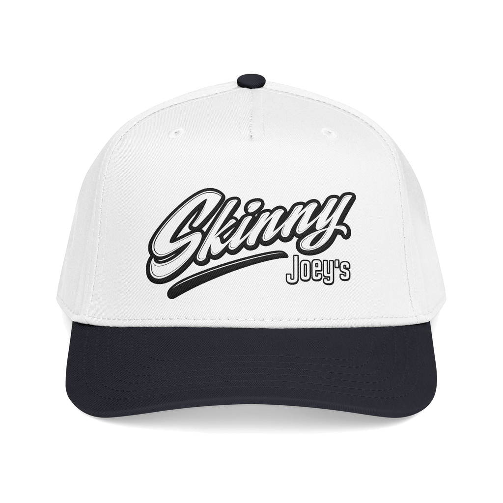 Skinny Joey's retro script mid-profile cap in black and white, Skinny Joey's Cheesesteaks apparel