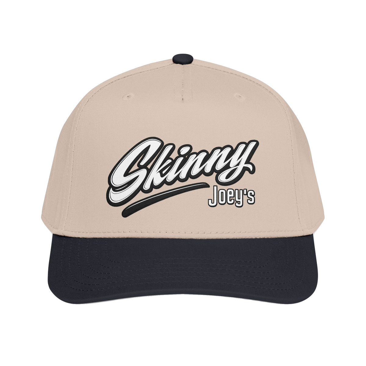 Skinny Joey's retro script mid-profile cap in black and khaki, Philadelphia streetwear