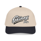 Skinny Joey's retro script mid-profile cap in black and natural, The Skinny with Joey Merlino podcast merch