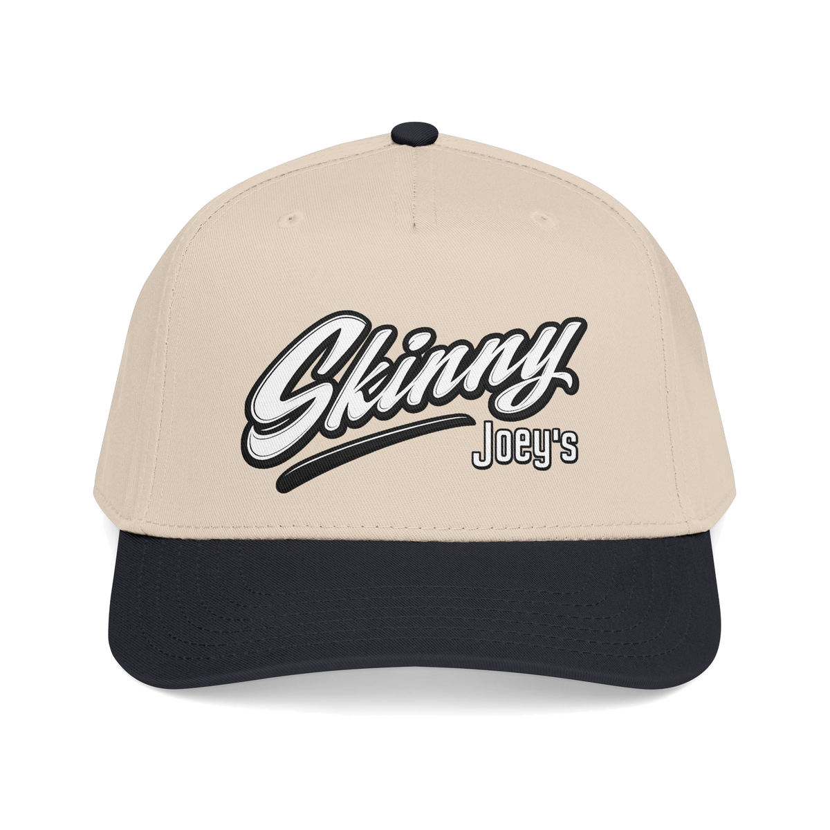 Skinny Joey's retro script mid-profile cap in black and natural, The Skinny with Joey Merlino podcast merch
