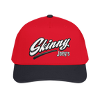 Skinny Joey's retro script mid-profile cap in black and red, The Skinny Podcast with Joey Merlino & Lil Snuff merch