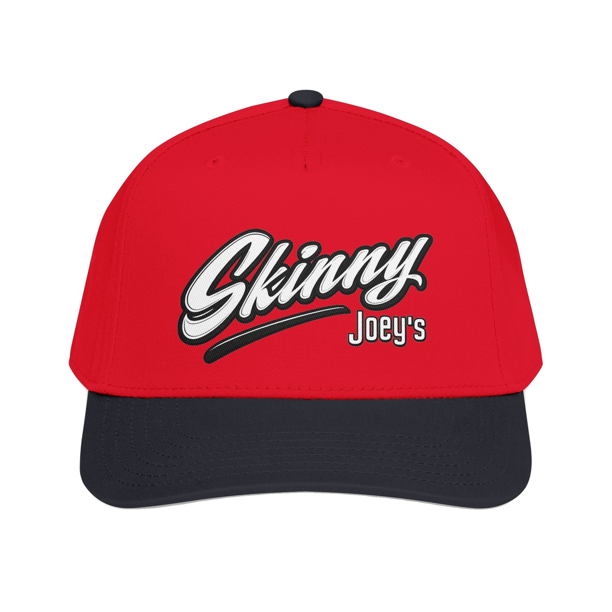 Skinny Joey's retro script mid-profile cap in black and red, The Skinny Podcast with Joey Merlino & Lil Snuff merch