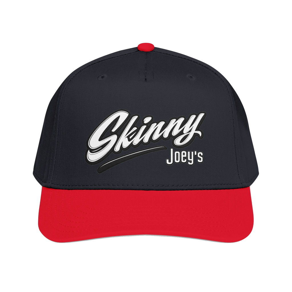Skinny Joey's retro script mid-profile cap in red and black, Skinny Joey's Cheesesteaks apparel