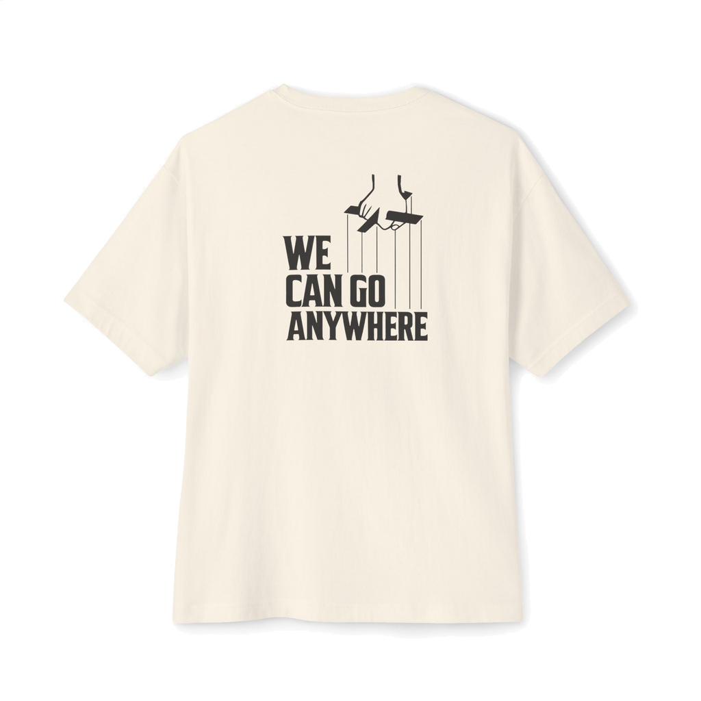 We Can Go Anywhere oversized script tee, Italian American pride apparel