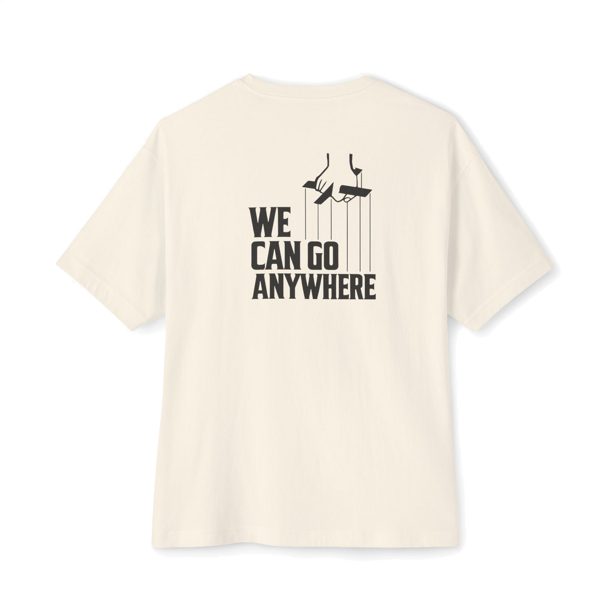 We Can Go Anywhere oversized script tee, Italian American pride apparel