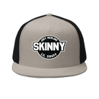 Skinny retro patch 5-panel trucker cap in black and silver, South Philly streetwear