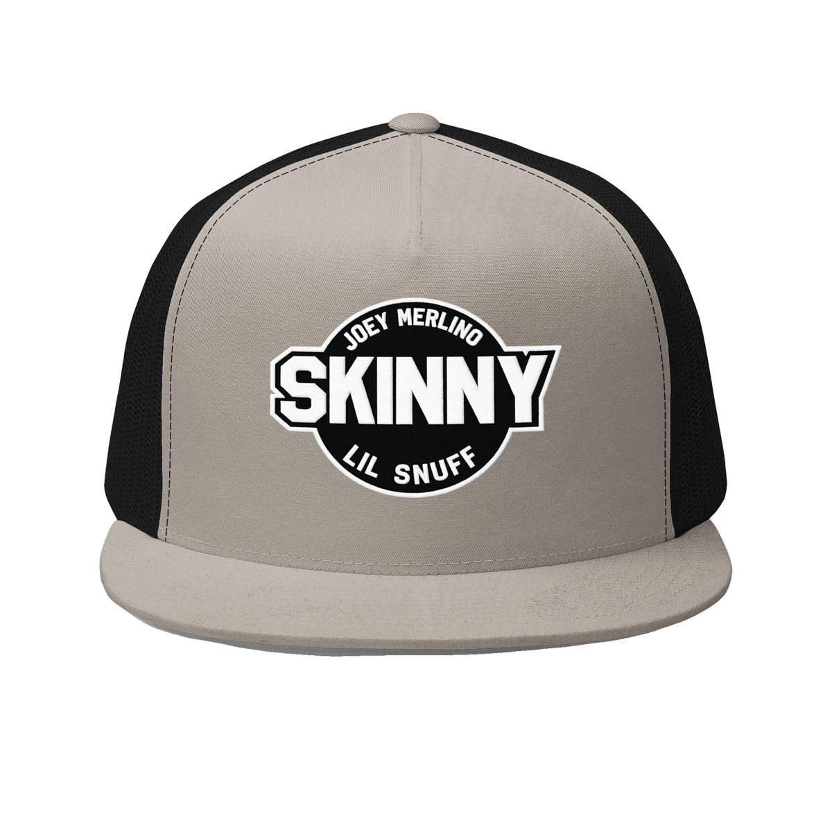 Skinny retro patch 5-panel trucker cap in black and silver, South Philly streetwear