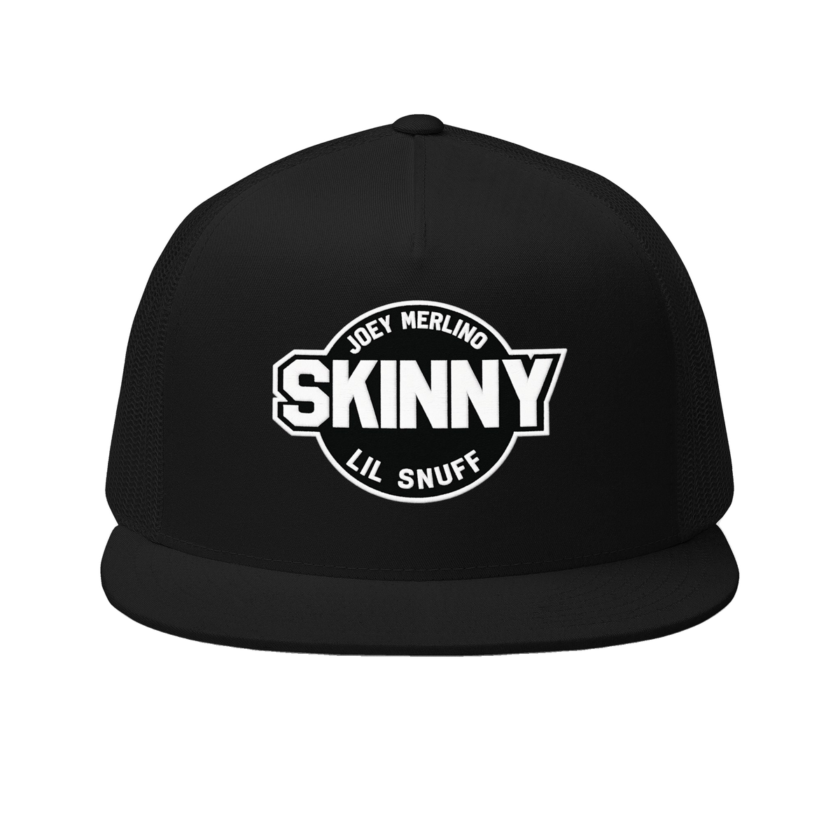 Skinny retro patch 5-panel trucker cap in black, The Skinny Podcast with Joey Merlino & Lil Snuff merch