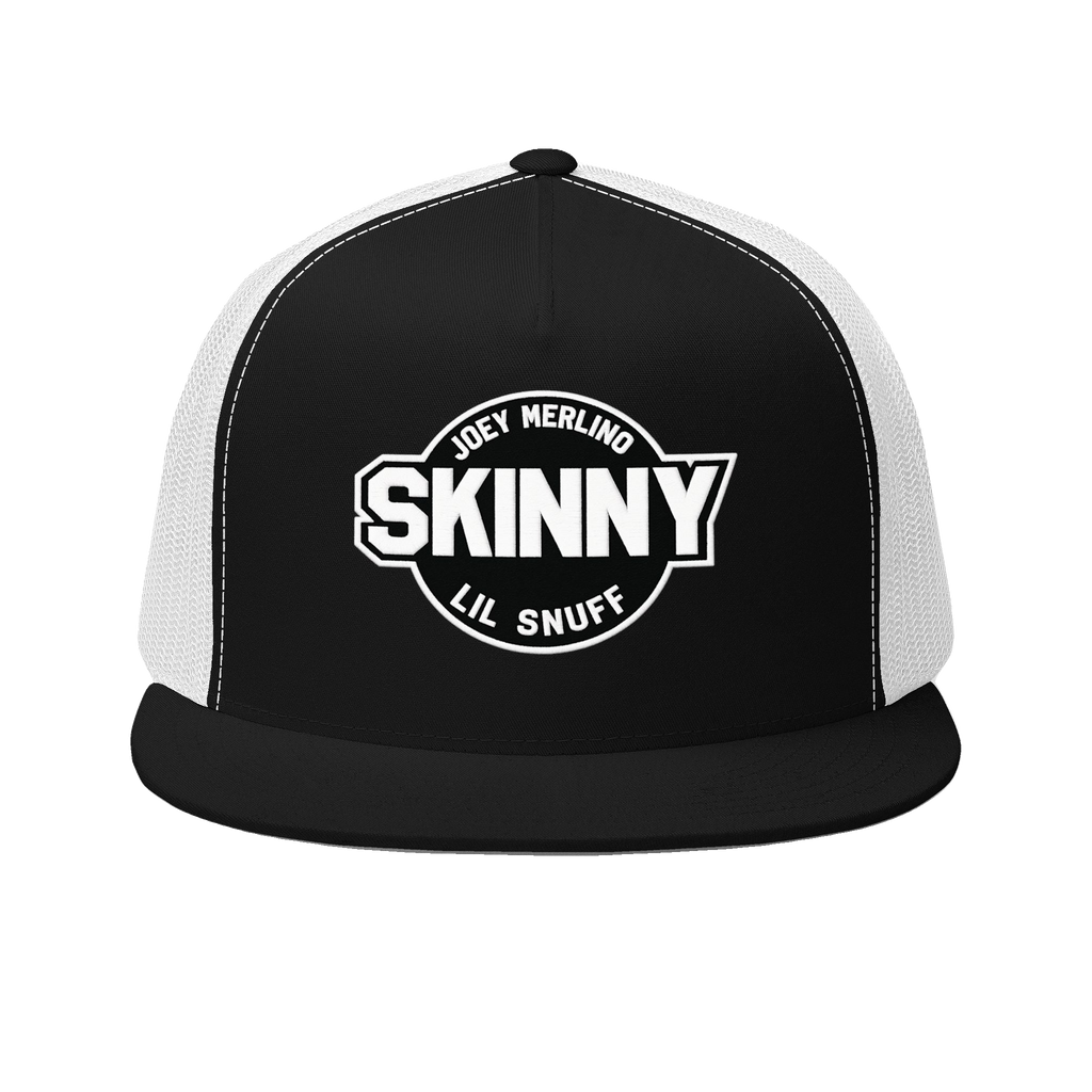 Skinny retro patch 5-panel trucker cap in black and white, Philadelphia streetwear