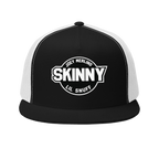 Skinny retro patch 5-panel trucker cap in black and white, Philadelphia streetwear