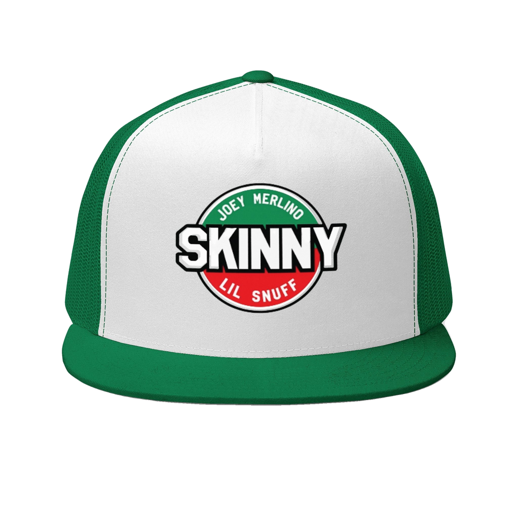 Skinny retro patch 5-panel trucker cap in kelly and white, Skinny Joey's Cheesesteaks apparel