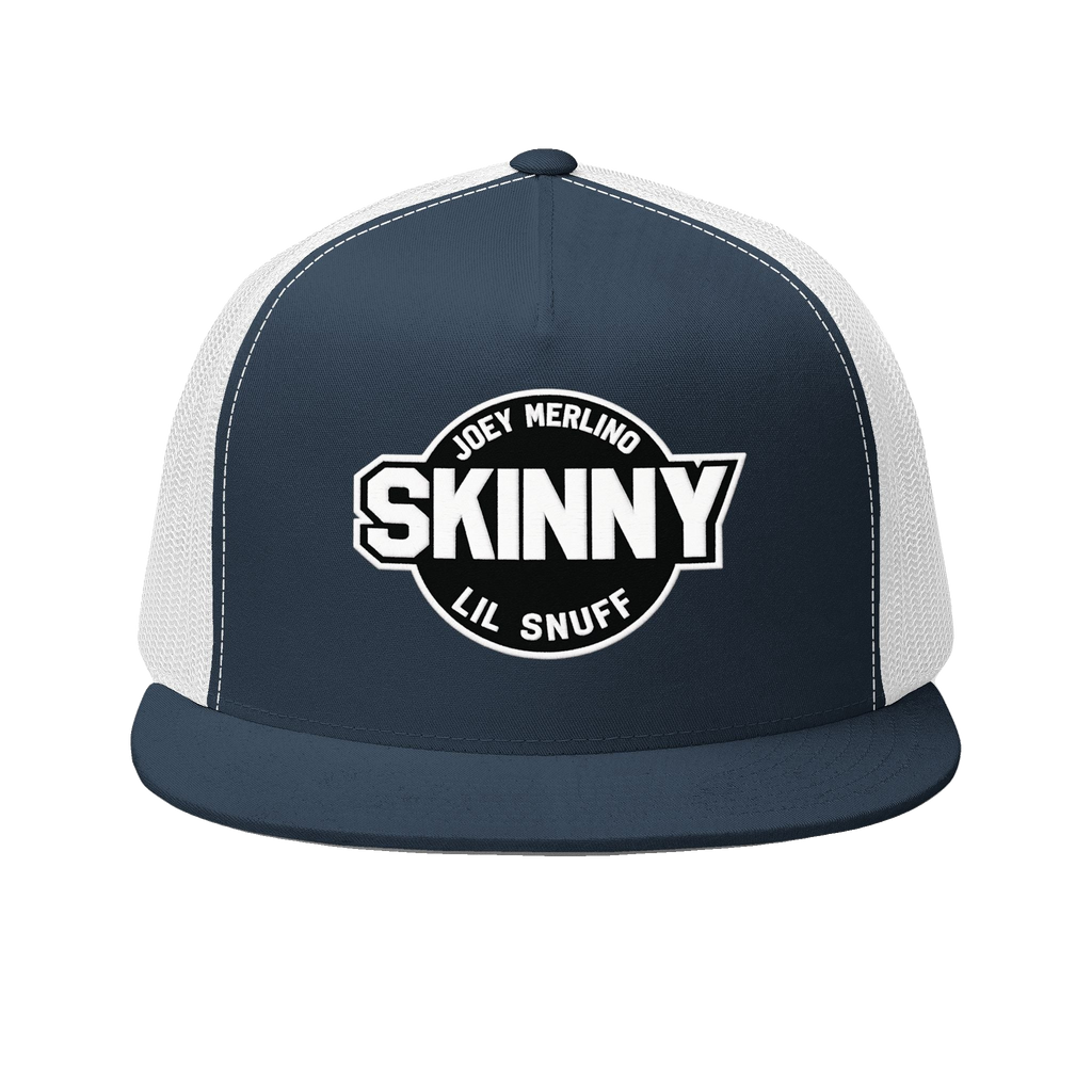Skinny retro patch 5-panel trucker cap in navy and white, The Skinny with Joey Merlino podcast merch