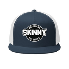 Skinny retro patch 5-panel trucker cap in navy and white, The Skinny with Joey Merlino podcast merch