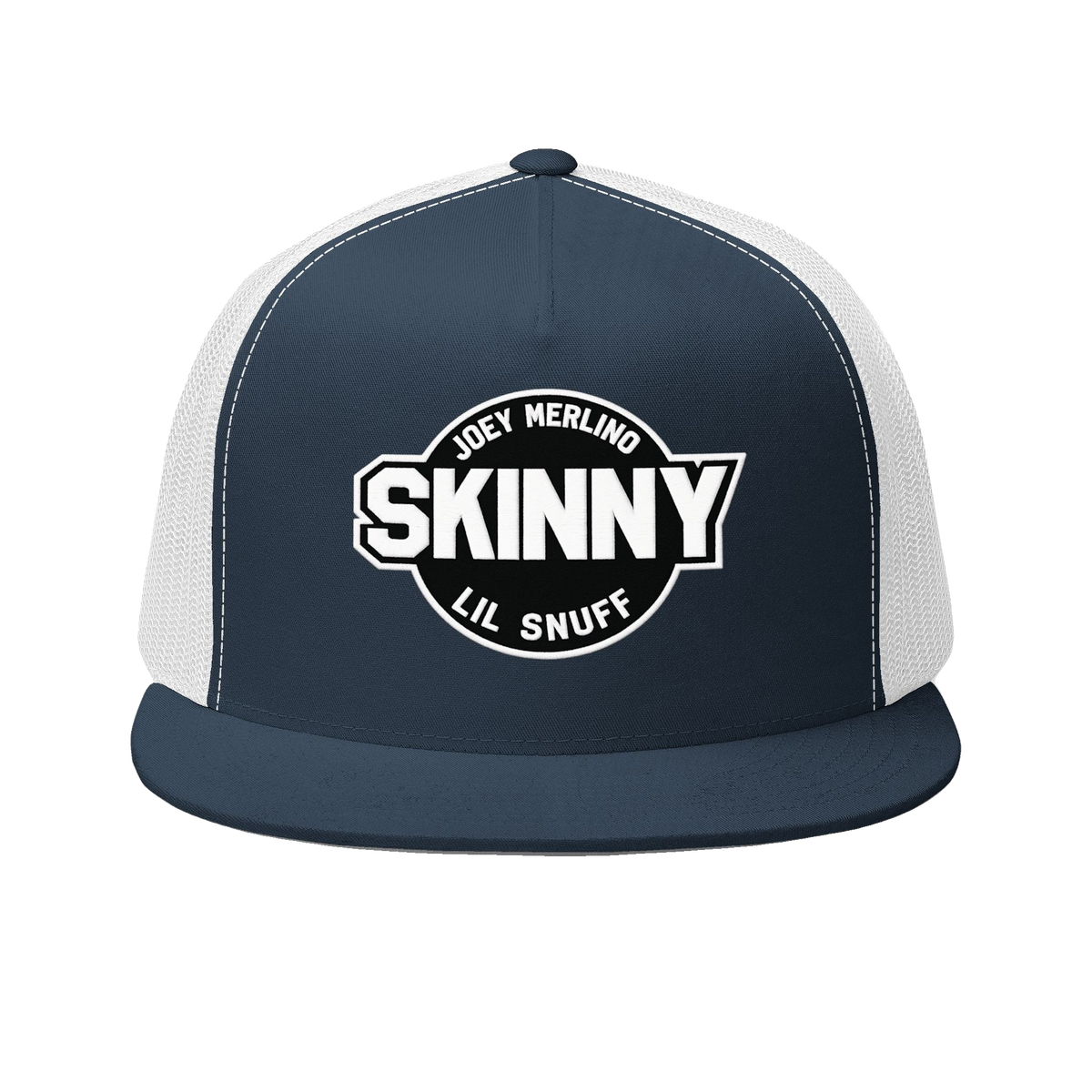 Skinny retro patch 5-panel trucker cap in navy and white, The Skinny with Joey Merlino podcast merch